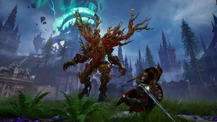 A towering creature of bark and branches looms over an armored Nephilim with a sword and shield in front of a gothic city under a purple sky