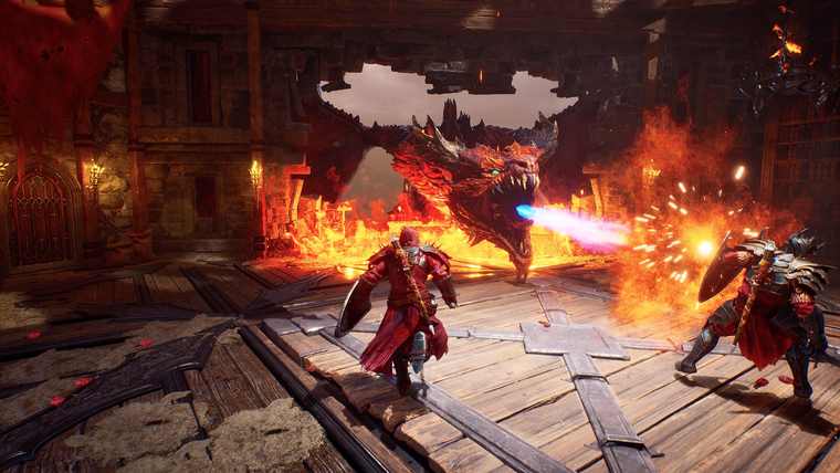 A dragon breathes a beam of blue fire across a timber hall toward two red-armored Nephilim