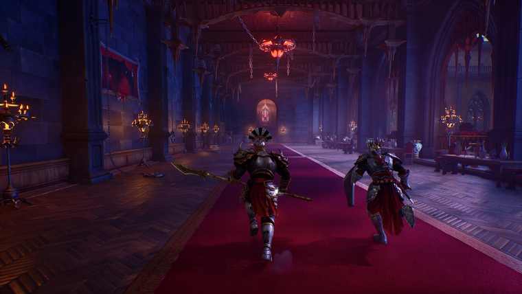 Two Nephilim walk down a red-carpeted cathedral nave lined with candles and chandeliers
